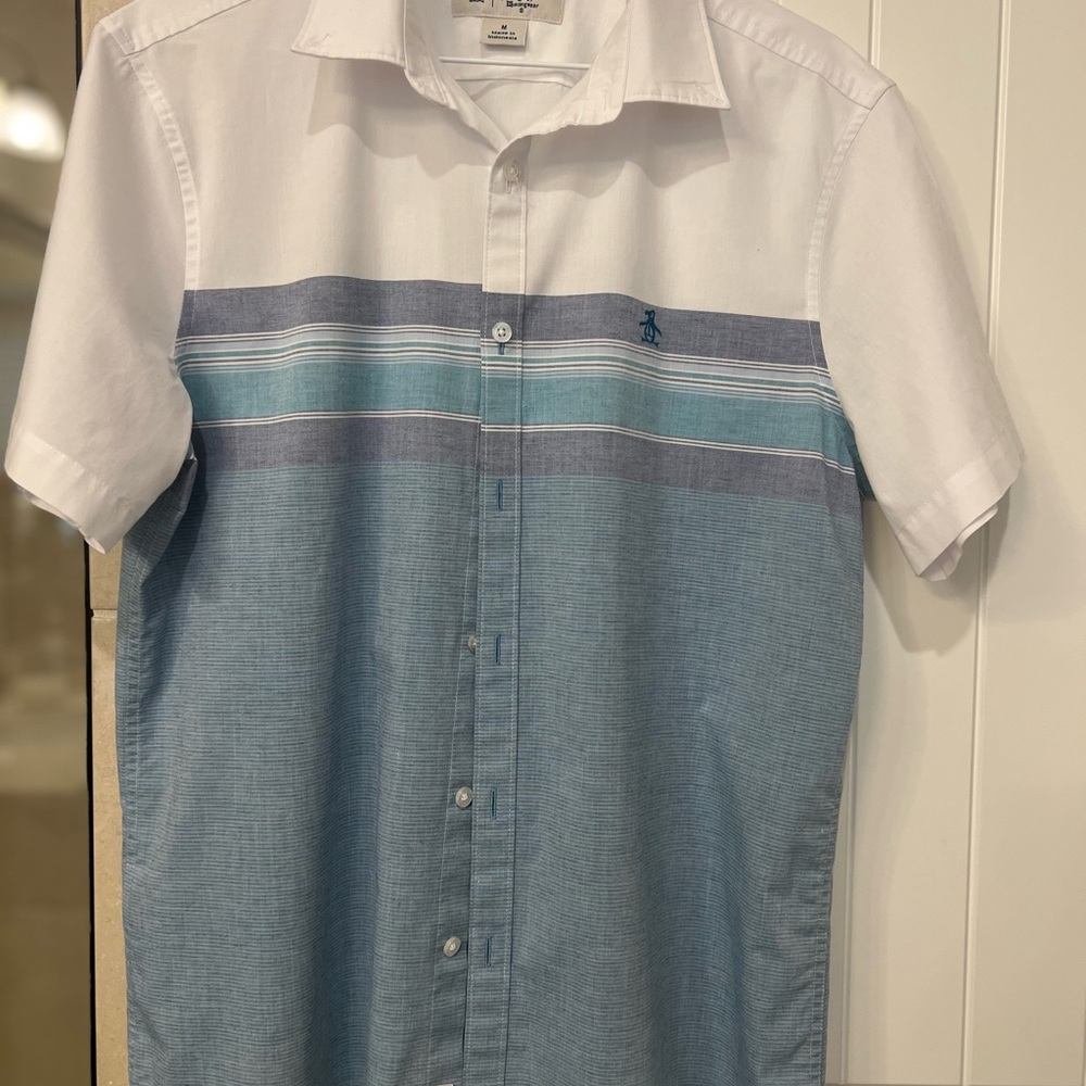 Original Penguin Men's Striped Blue and White Shirt